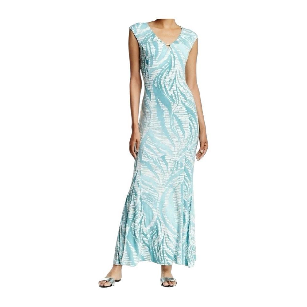 Tommy Bahama Aqua and White Printed Maxi Dress
